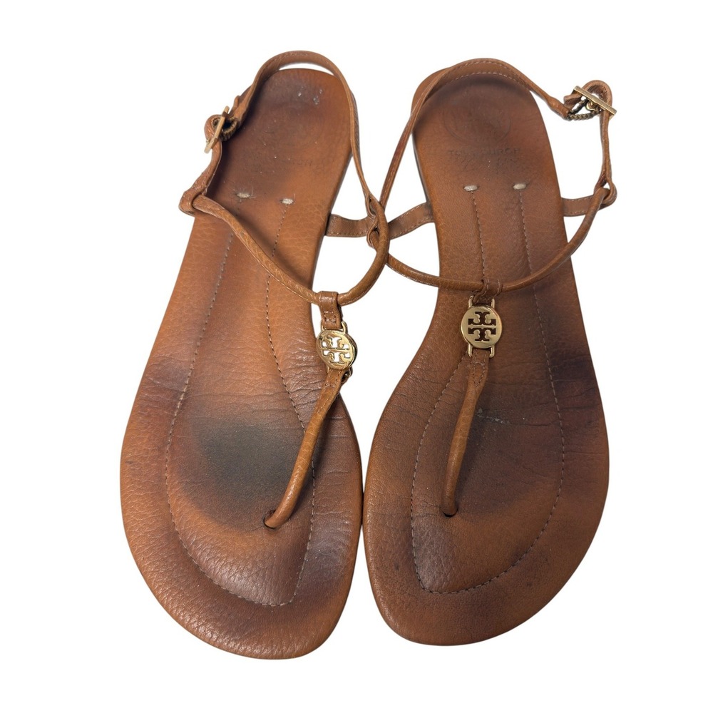 Tory Burch Emmy Sandals Womens Tan Leather Gold Logo Thong Buckle Ankle Strap